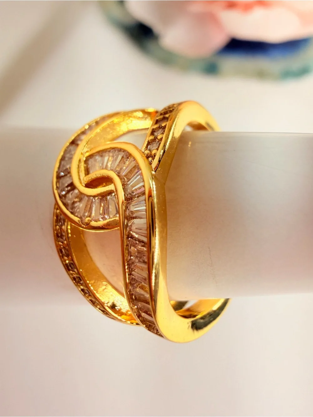 Gold-Tone Pink Baguette Crystal Wave Ring